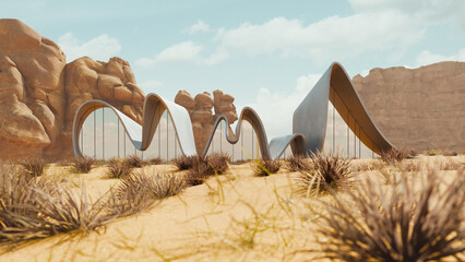 Curvilinear eco-friendly architecture in desert setting. 3D render of organic-shaped building blending with arid landscape. Sustainable development and design concept.