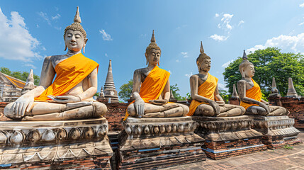 Buddha statues in at Wat Yai Chaimongkol in Ayutthaya - obrazy, fototapety, plakaty