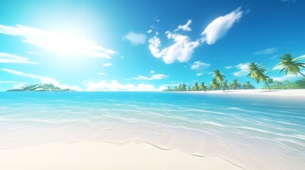 Fototapeta na wymiar Tropical Paradise: Summer Vacation Beach with Blue Sky and Palm Trees