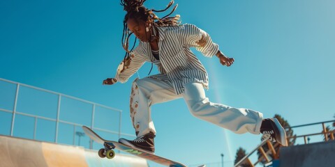 A cool, fashionable African American boy doing skate tricks at the skate park. An attentive skateboarder doing ollies in the park. Man serious about skating
