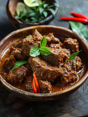 Rendang on wooden plate. Eid Mubarak food. Indonesian/Malaysian beef stew made with beef, spices and coconut milk.