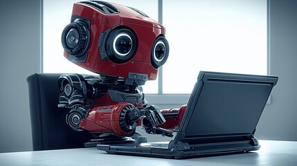 Red robot assistant works on laptop