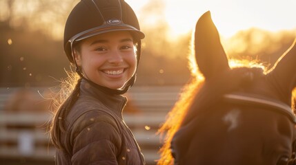 A lady riding a horse on a ranch for sports, training, or enjoyment. A smiling teenage rider in uniform with her stallion or mare outdoors
