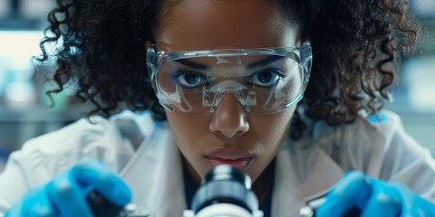 A mixed-race scientist with curly hair analyzes medical test samples under a microscope in a lab. Young woman conducting forensic investigation and experiments to cure - obrazy, fototapety, plakaty