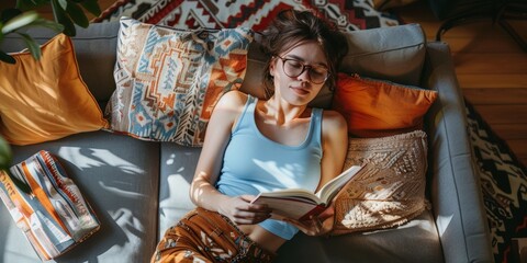 A mixed-race woman reads in her living room. Beautiful Hispanic reading on lounge sofa alone. Relaxed weekend fiction reader with glasses - obrazy, fototapety, plakaty