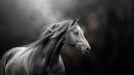Obraz na płótnie Canvas Breathtaking monochrome portrait of a horse with a majestic mane