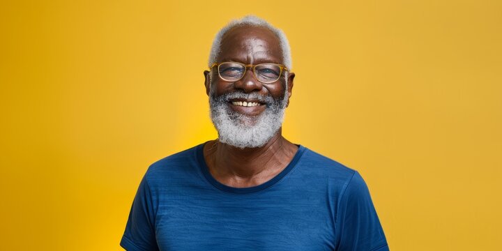 A mature African man laughs in a yellow studio. Black man laughing and smiling. A witty quip will lighten the mood.