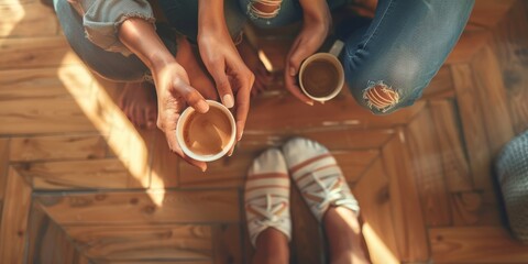 Above, buddies relaxing on a spa floor with cappuccino or espresso. Ladies with hot chocolate, lattes, or drinks in cups for peace, tranquility, connection, or hospitality