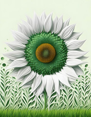 A Large sunflower in green grass, surreal