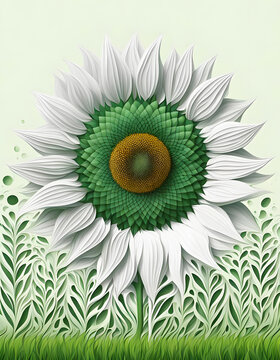 A Large sunflower in green grass, surreal