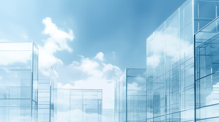 Transparent abstract modern office buildings glass wall background, blue sky reflecting exteriors