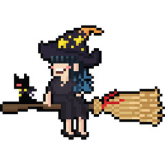 Pixel art witch riding the flying bloomstick with her black kitty cat