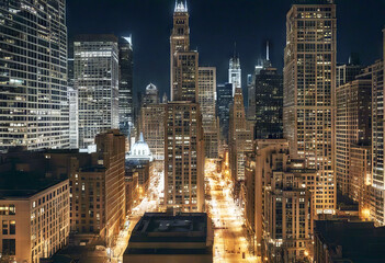 'Night Downtown Chicago us sky view lake dusk idea dark city blue real urban built light front place estate luxury modern mirror famous office economy concept success glamour skyline finance tour'