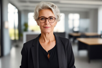 Woman with glasses standing in office setting with desk and chairs in the background.