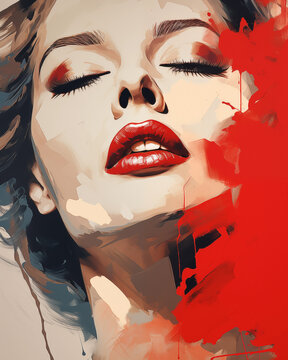 Expressionist painting of a beautiful woman's face, extreme close up, red lips, watercolor art, poster, bright colors. Close up portrait woman, sexy lips 