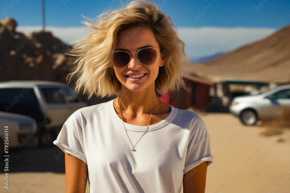 Sticker Woman with blonde hair and sunglasses standing in front of car.