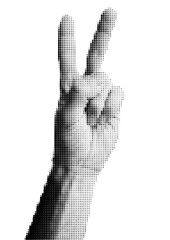 Halftone dotted male hand with two fingers up. Vector textured male arm for trendy y2k retro collage