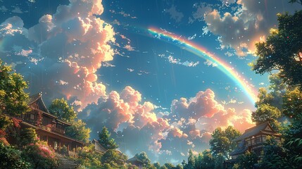 Aurora Dreams: Anime Rendition of Rainbow in Azure - obrazy, fototapety, plakaty