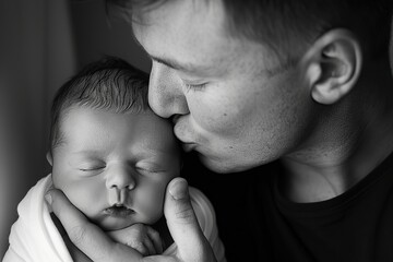 New father holding kissing his newborn baby in hands. Closeup portrait of mature daddy hugging...