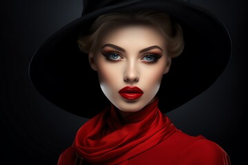 A beautiful woman wearing a black hat and red scarf.