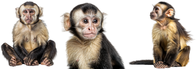 Capuchin monkey collection, sitting and portrait, isolated on a white background