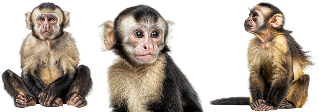 Capuchin monkey collection, sitting and portrait, isolated on a white background