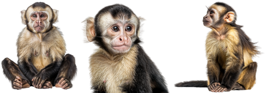 Capuchin monkey collection, sitting and portrait, isolated on a white background