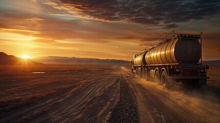 A brave driver traversing through a vast desert landscape in a biodieselpowered truck with a long line of fuel tanks hooked up to the back. The sun sets in the distance casting a golden . - obrazy, fototapety, plakaty