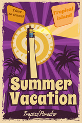 Poster Summer Vacation retro, sailing ship on the ocean, island, coast, palms