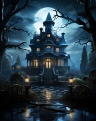 A large haunted house with a full moon in the background - obrazy, fototapety, plakaty