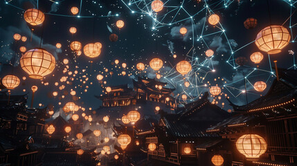 Paper lanterns beam holographic light, marrying ancient ambiance with futuristic luminescence.