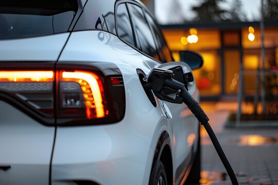 Car fueling at the gas station. Refuel fill up with gasoline. Petrol pump filling fuel nozzle in fuel tank of white car. Rising price, oil industry crisis. Auto Service. Transmission, Maintenance Gear