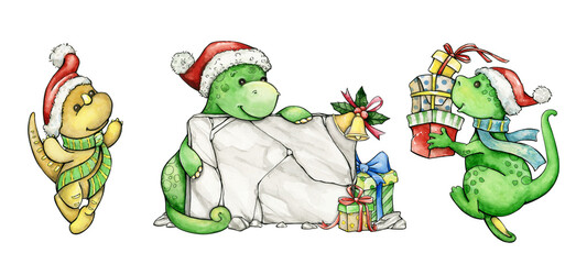 Cute dragons, Christmas gifts. watercolor sketch