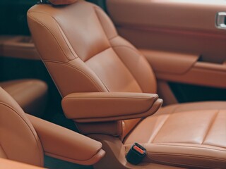 Nanning, China - March 31, 2024: View of the details of the brown leather interior of the modern Li...