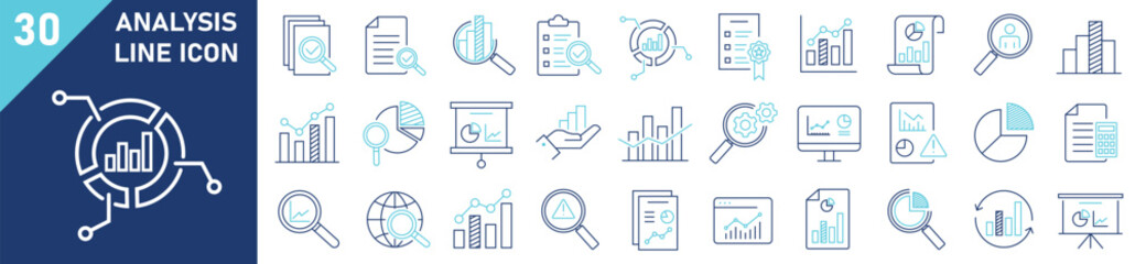 Analysis icon set. Set of 30 outline icons related to analysis. Linear icon collection. Statistics and analytics outline icons collection. Editable stroke. Vector illustration.