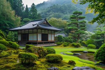 Fototapeta premium A Japanese style house with a garden in front of it. The house is surrounded by trees and bushes