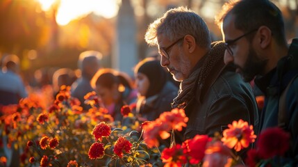 A crowd of diverse civilian people placing flowers at a fallen soldiers monument on Memorial Day or Yom HaZikaron. Faces express sorrow and respect. AI Generated