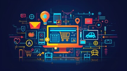 SEO concept, ecommerce development, vector illustration with icons on isolated background