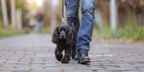 Person Walking English Cocker Spaniel Dog on Leash - obrazy, fototapety, plakaty