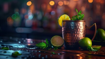 chilled moscow mule cktail in copper mug with fresh mint and citrus on wet bar counter - obrazy, fototapety, plakaty