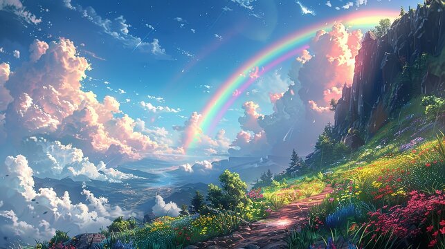 Spectrum Skyline: Anime-inspired Rainbow Illustration