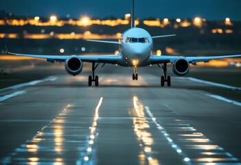 'landing aircraft runway night ahead commercial aerospace industry aeroplane business cockpit jet...