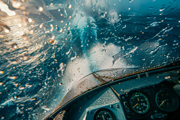 A boat is in the water with the windshield wipers on. The boat is moving fast and the water is splashing - obrazy, fototapety, plakaty
