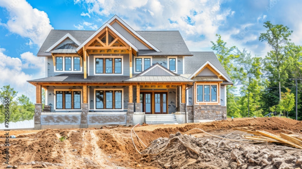 Poster a large house is being built with a lot of windows and a porch