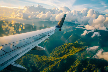 A plane is flying over a mountain range with a beautiful view of the landscape. The clouds are fluffy and the sky is clear, creating a serene and peaceful atmosphere - obrazy, fototapety, plakaty