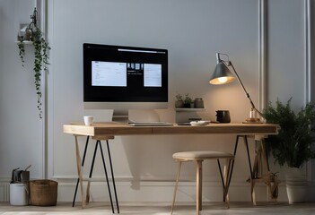 interior wooden desk home photo coffee computer lamp cup mockup stool real standing office metal Hairpin white screen