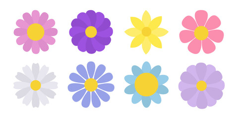 Spring flower set. Colorful flowers collection. Daisy chamomile, daffodil, sun flower, chrysanthemum. Growing concept. Fresh and blooming elements. Flat design. Isolated. White background Vector