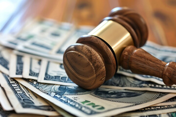 A wooden gavel sits on top of a pile of money. The gavel is surrounded by a stack of one hundred dollar bills