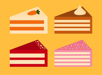 Birthday cake slice set. Different flavor pieces. Delicious dessert, pastries. Chocolate, carrot, red velvet, pink cakes collection. Cute cartoon food. Flat design. Isolated Yellow background Vector
