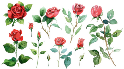 set of watercolor drawing of red roses with leaves isolated on white or transparent png